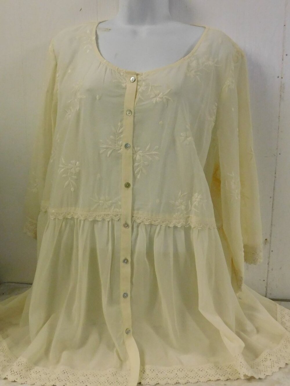 Lori Goldstein Women's Sheer Embroidered Button Down Blouse in Ivory